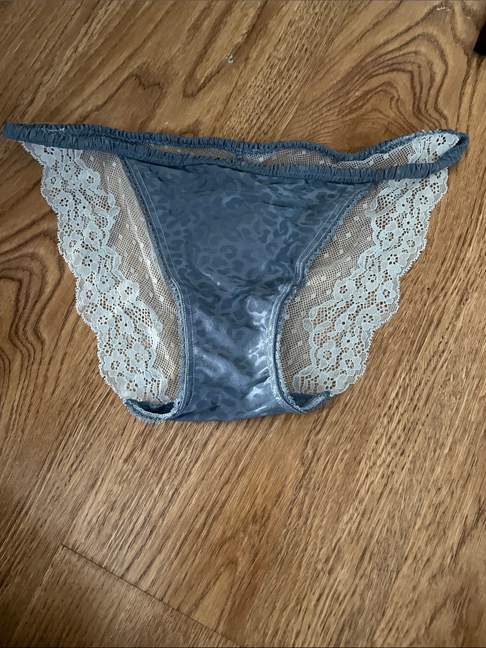 Victoria's Secret Blue Satin-Look Bikini Panty with Cream Lace